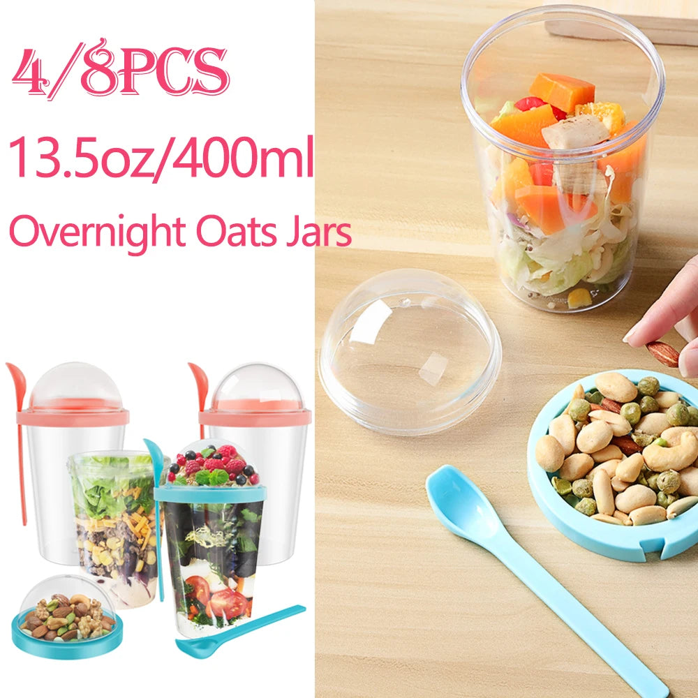 4/8Pcs 400ML Overnight Oats Jars Leakproof Breakfast Canister Food Container with Spoon Reusable Oats Jars for Milk Cereal Salad