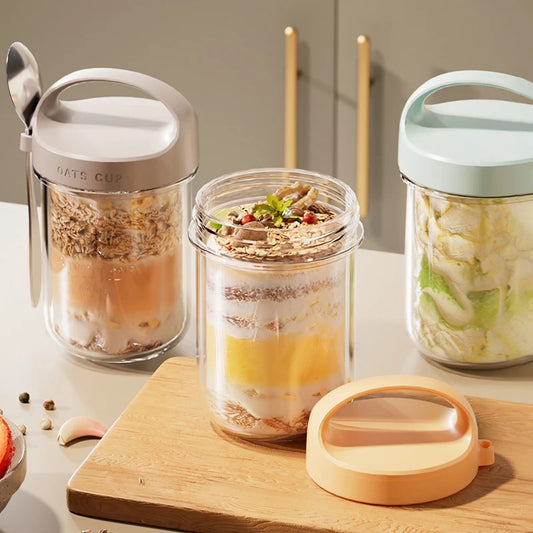 430ML New Breakfast Cups Oatmeal Cereal Nut Yogurt Salad Cup Leakproof Glass Oats Container With Lid Spoon Food Storage Box